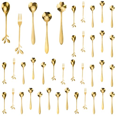 JINGIHE 40pcs Coffee Spoons, Stainless Steel Teaspoons, Flower Leaf Spoon, Stirring Tea Spoon and Leaf Fork for Dessert Sugar Cake Ice Cream honey Demitasse Stir Bar tea party( 5 Styles, Gold)