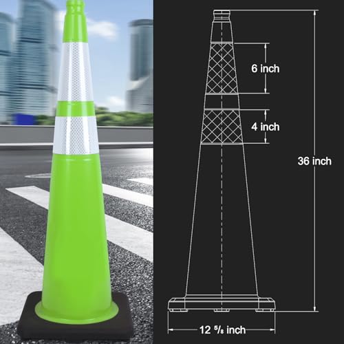 OranLite 6 Pack 36\" Large-Sized PVC Traffic Cones with Heavy-Duty Black Base, Garage Parking Lot Cones Structurally Stable Weatherproof Road Construction Safety Cones (6, Green, 36\" Extra Large)