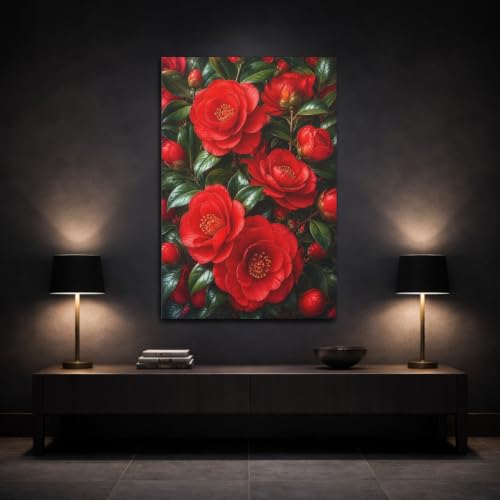 Tableau camélia rouge vertical 60x90cm décoration murale fleur salon