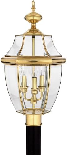 Quoizel Newbury 23" Outdoor Post Lantern, 3-Light Polished Brass with Clear Beveled Glass, E12 Base, French Country Style