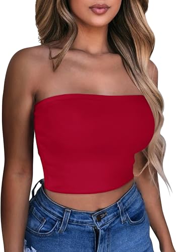 Damen Tube Tops Sommer Trägerlos Crop Tunika Tank Ärmellos Slim Fit Vest Bluse(Rot,L)
