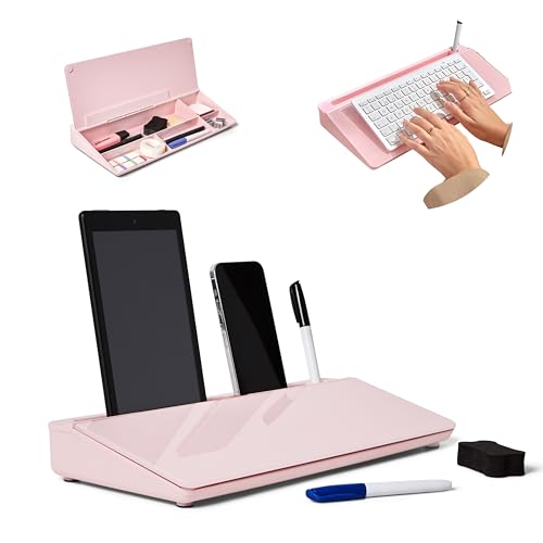 Image of GAROOD Desktop Dry Erase Board with Storage Pink Color Desk White Board Desk Board Glass Desktop White Board with Stand Home Office Organizer Phone Holder 15.8X7X2 inches