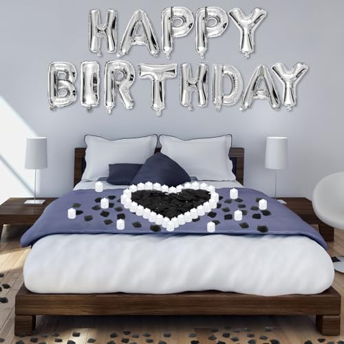Image of Black and Silver Happy Birthday Balloons Decorations Happy Birthday Letter Balloons Banner with 24pcs Flameless LED Candles and 2000pcs Artificial Rose Petals for Women Men Room Party Decor