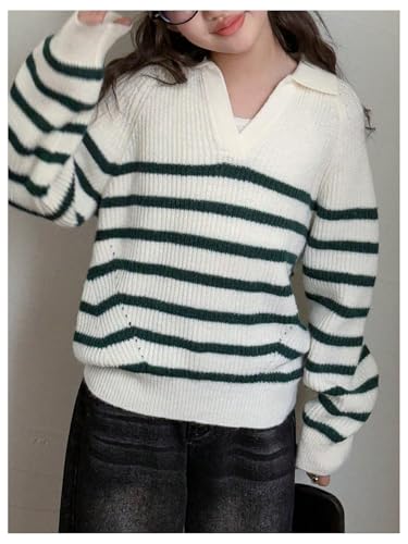 Floerns Girl's Cute Striped Sweater Loose Fit Long Sleeve Collar Pullover Tops4