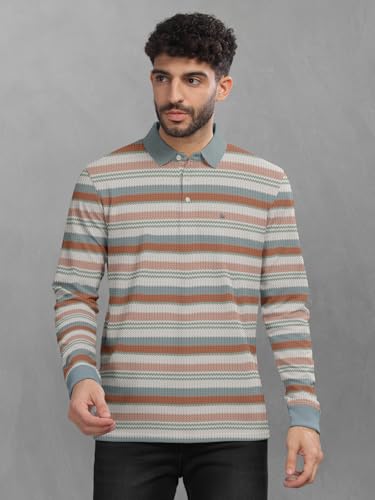 Image of BULLMER Striped Textured Printed Polo Neck Fullsleeve T-Shirt with Rib for Men
