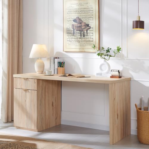 Image of 60 inch Fluted Office Home Desk, Reversible Left‑Right Cabinet, Built‑in Outlet | Reversible design lets you fix the cabinet on left‑hand or right‑hand side to fit your room layout