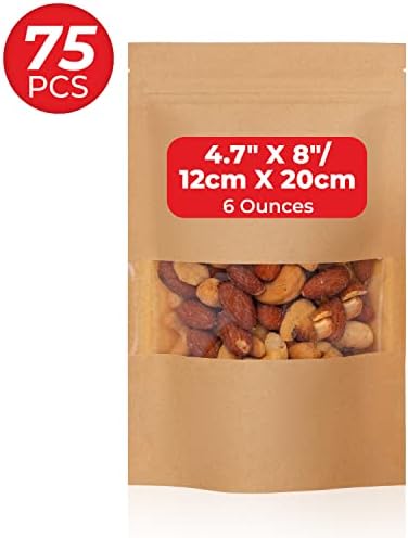 75- Pcs Bulk Heat Sealable Bags for Packaging - Food Grade Zip Stand Up Kraft Bags with Window - Resealable Waxed Paper Pouch Bags for Selling Products (12cm x 20cm) - (4.7" x 8") - 6oz