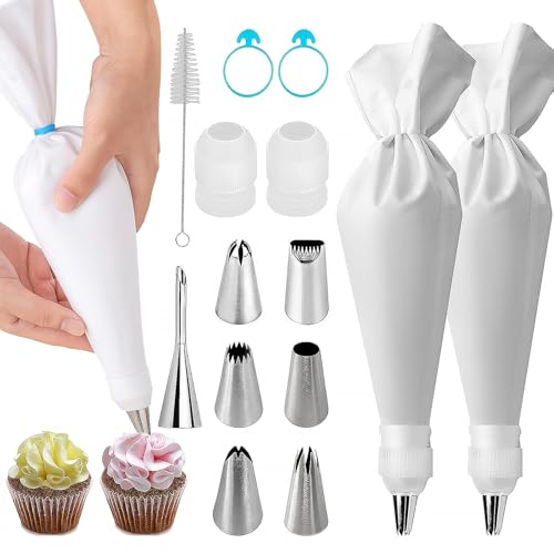 Ferizzia 14 Set di Sac a Poche Professionali, 6 Beccucci in Acciaio Inox, 2 Sac a Poche Riutilizzabile, Kit Pasticceria per Decorare Cupcakes, Biscotti, Pasticceria, Torte e Biscotti