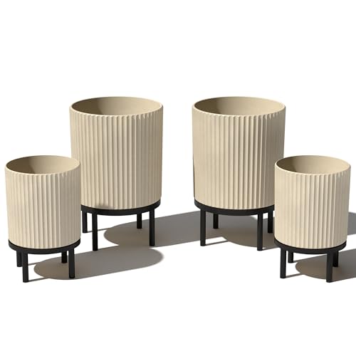 Image of Veradek Demi Series Raised Duo Planters - Set of 2 Planters with Stands | Made From a Durable Plastic-Stone Composite & Comes With Wooden Stand. Modern Porch /Patio Decor