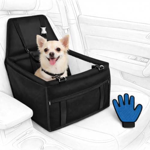 PETATIX Transportín para Perros y Gatos para Coche | Asiento Seguro y Reforzado con Correa de Seguridad | Impermeable, Plegable y Universal | Incluye Manopla para Quitar Pelos | 40x40x32 cm