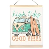 BESERH Surf Wall Art Decor, High Tides Good Vibes Retro Surfing Poster Hanger Frame, Beachy Aesthetic, Summer Coastal Wall Decor, 12x16 Inches