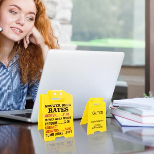 2Pcs Caution Overstimulated Desk Sign Answer Desk Rates Acrylic Sign Funny Office Gag Gifts for Coworker Teammate Employee Boss Humorous Signs for Stress Relief Decor Cubicle Accessories