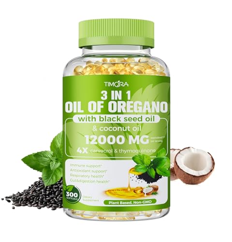 TIMORA 40:1 Oil of Oregano Softgels with Black Seed & Coconut Oil 300 Count | 3-in-1 Formula for Digestive & Immune Support | Small Easy-to-Swallow Capsules | Plant-Based Non-GMO