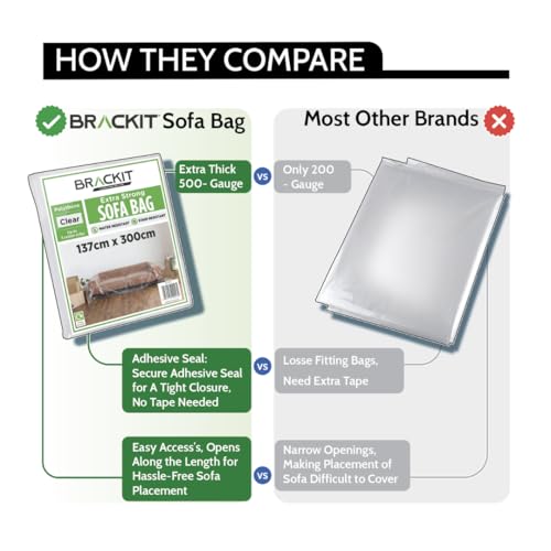 brackit Sofa Storage Bag – Plastic Sofa Cover - Heavy Duty - For up to a 3-Seater Sofa – 300cm x 137cm – Sofa Protector Cover