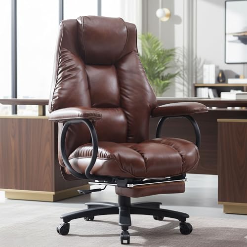 Big and Tall Office Chair 500LBS for Back Pain Relief, Heavy Duty Executive Office Chair with Foot Rest, Ergonomic Office Chairs for Long Hours Sitting, Computer Chairs. Brown