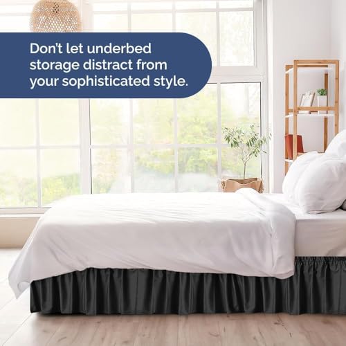 Image of Bed Skirt - Wrap Around Dust Ruffle Bed Frame Cover with Easy Fit Elastic Strap, Double Size 12 Inch Inch Drop, Microfiber Pleated, Machine Washable | Black, (72inchx72inch)