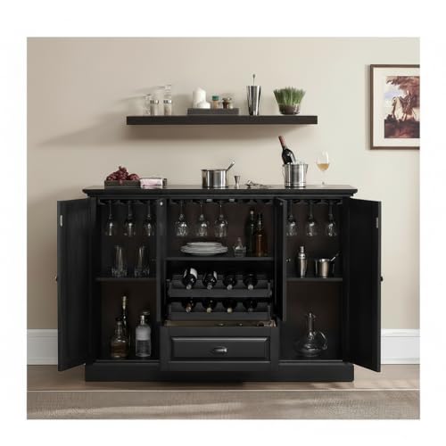 Image of APRODZ Solid Mango Wood Bar Cabinet for Home and Bar | Stylish Wooden Wine Storage Rack with Drawer, Glass Holder & Bottle Organizer Drink Wine Rack Organizer for Living Room,Black Finish