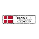 Rimego Hauptstadt Kopenhagen Schild, Dänemark Geschenk Wandkunst Plakette, Hauptstadt Stadt Kopenhagen Straßenschild, Retro Dänemark Aluminiumschild, Dänemark Flagge Metallschild, 8 x 30 cm