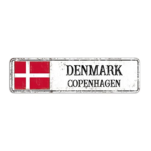 Rimego Hauptstadt Kopenhagen Schild, Dänemark Geschenk Wandkunst Plakette, Hauptstadt Stadt Kopenhagen Straßenschild, Retro Dänemark Aluminiumschild, Dänemark Flagge Metallschild, 8 x 30 cm