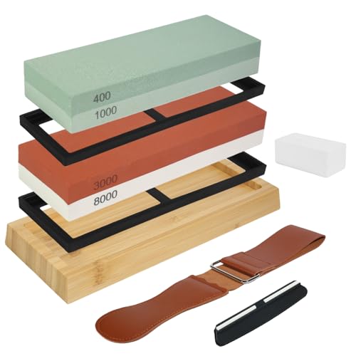 Pietra Affilacoltelli 400/1000 e 3000/8000, 8-in-1 Pietra Affilatura, Pietra per Affilare, Kit con Cote per Affilare coltelli, Grana Giapponese Pietra, Supporto in Bambù Antiscivolo, Guida Angolare