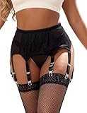 ohmydear Plus Size Garter Belt with 6 Metal Clips & Sexy G-string Thong See Through Lace Garter Lingerie Set for Thigh Highs Black XL-2XL