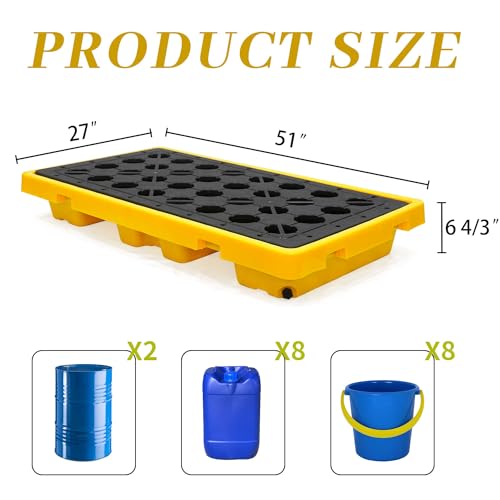 Tredre Spill Containment Pallet, Spill Containment Tray with Drain and Grating, Stackable Modular Platform with Forklift Pockets, Capacity 4600lbs, 2 Drum, 51" x 27" x 6 3/4"