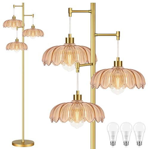 Image of QIYIZM Glass Floor Lamp for Living Room,Bedroom,Gold Mid Century Modern Standing Lamp Brass Tree 3 Light Tall Floor Lamps Vintage Retro Floor Lights Flower Lamp Shade Farmhouse Boho Bohemian