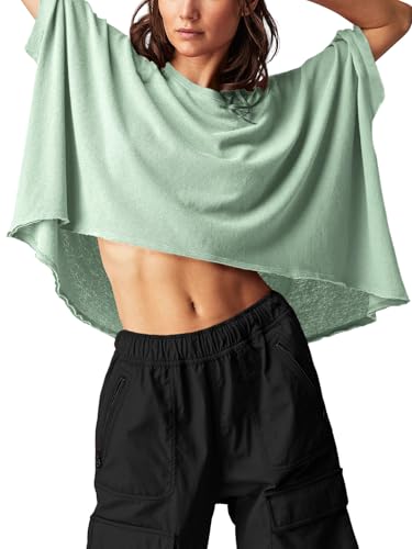 Cicy Bell Damska koszulka oversize, krótki top, na lato, okrągły dekolt, krótki rękaw, sportowa bluzka z krótkim rękawem, na siłownię, koszulka basic, bez brzucha, jasnozielony, XL