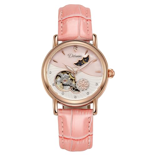 CARLIEN Womens Automatic Mechanical Stainless Steel Moonphase Watches Leather Strap Self-Winding Pearl Skeleton dial Waterproof Ladies Wristwatch (Pink Rose Gold)