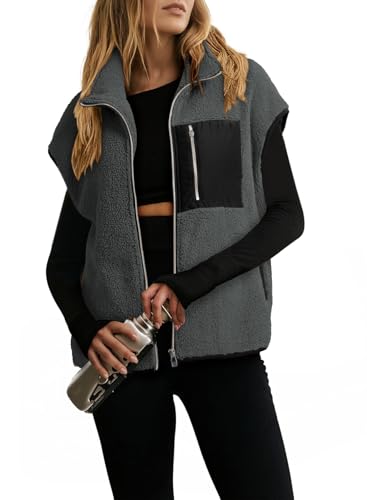 Dokotoo Womens Fleece Jacket Vest Sleeveless Fuzzy Sherpa Jackets Zip Up Oversized Casual Coats Fall Winter Womens Tops 2025