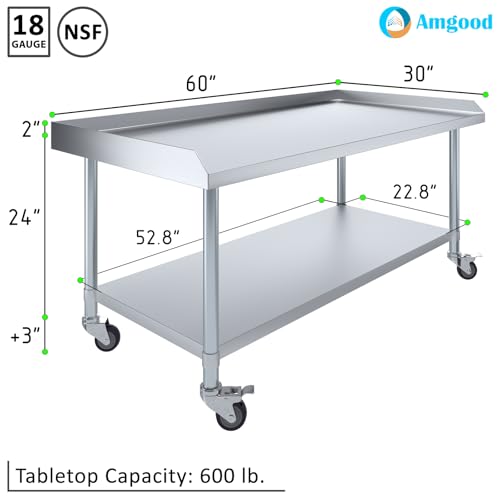 Image of AmGood Stainless Steel Equipment Stand with Undershelf + Casters, Heavy Duty, Commercial Grade, NSF Certified (30 inch Width x 60 inch Length + Casters)