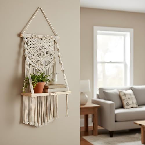 Image of Macrame Wall Hanging Shelf | Boho Decor Floating Wood Shelf with Adhesive Wall Hook | Handmade Cotton Rope Plant Holder for Bedroom, Living Room, Nursery | Size: 30 x 55 cm (Off-White)