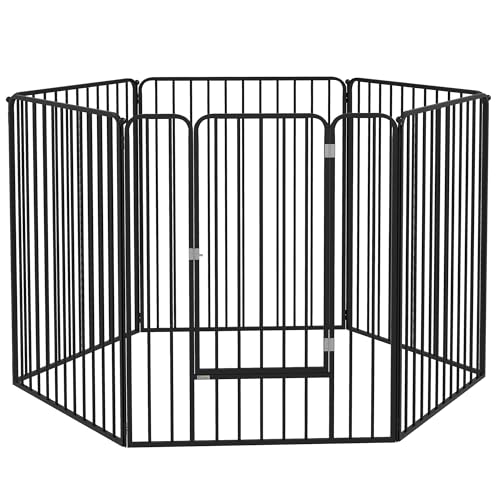 PawHut Box per Cani Taglia Grande a 6 Pannelli Modulabili da Interno ed Esterno, Cancello per Cani in Acciaio con Porta, 164x83x100 cm, Nero