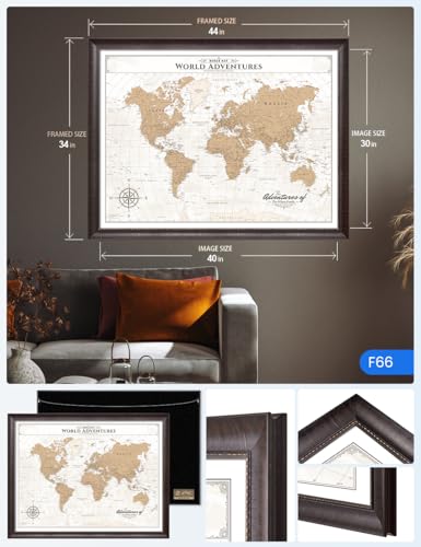 Image of IPIC - Framed Vintage World Map Canvas Wall Art, Personalized Push Pin Travel Map with Name and Message to Track Travels, Oversized Pinnable Wall Decor for Home, Office, Study or RV