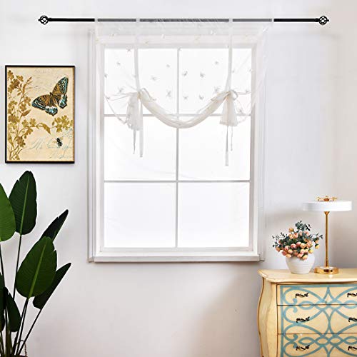 Jaijy Muslin Butterfly Embroidered Sheer Voile Tulle Backdrop Kitchen Curtain Tie Up Adjustable Balloon Window Treatmet Roman Shades Tiebacks For Cafe Drape, 40" X 63", Yellow, 40" X 63", Yellow #TOP3