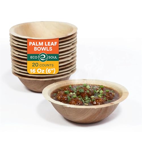 ECO SOUL Disposable Palm Leaf Bowls Like Bamboo 16 Oz Round 20 Pack Heavy Duty Natural Biodegradable and Compostable Tableware Appetizer Serving for Party Catering BBQ Picnic