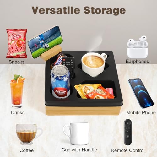 Kssiaz Couch Cup Holder Tray, Sofa Cup Holder with Rotatable Phone Holder, Couch Caddy for Bed Sofa Organizer, Waterproof Anti-Spill Cup Holder for Snacks Beverage Remote, Black