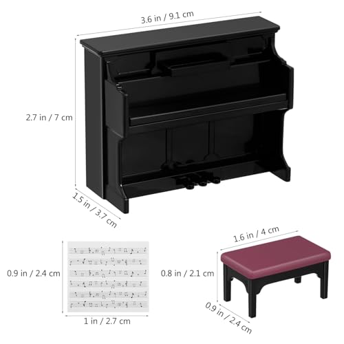 HEALLILY Mini Dollhouse Piano: Black Plastic Dollhouse Piano and Stool Set with Music Sheet for Scene Shooting Props Doll House Decoration, 3.58 X 2.75 X 1.45 Inches