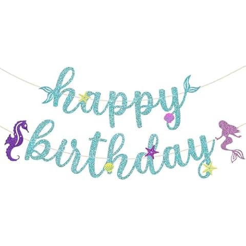 Pre-Strung Glitter Mermaid Birthday Banner, NO DIY, Little Mermaid Birthday Decorations, Mermaid Banner, Little Mermaid Party Decoration for Girls,Boys,Kids Baby Shower etc. Cover