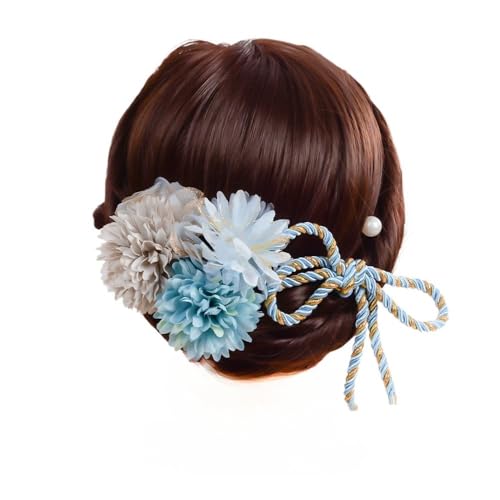 BHYGNVFIP(小さな店)ヘアアクセサリー、ヘアアクセサリー 和風 布製 ヘッドフラワーセット シルクフラワー 漢服 ヘアピン ロープ リボン ヘッド飾り (ブルー)