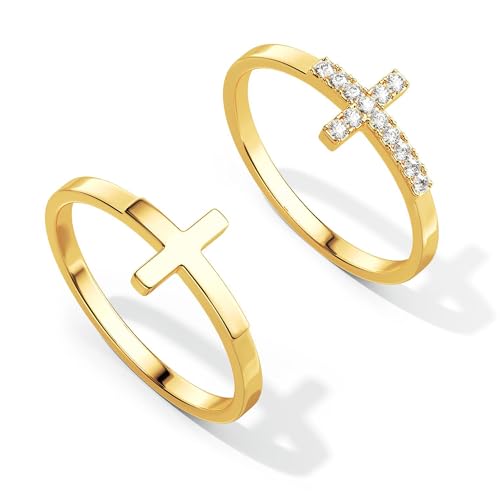 Foxgirl Cross Gold Rings for Women Non Tarnish Dainty Trendy Stackable Ring Set 14k Gold Plated Thin Cz Cross Finger Rings for Women Non Tarnish Simple thumb Rings for Momen Gold Jewelry Size 7