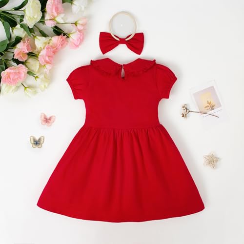 LYSMuch 18M-5T Toddler Girls Short Sleeve Dresses Peter Pan Collared Dress Solid Color Puff Playwear Outfit with Headband3
