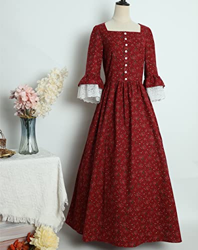 Tumknow Women Vintage Floral Victorian Pioneer Colonial Dress Medieval Renaissance Party Prom Costume Civil War Prairie Dress M Winered #TOP1