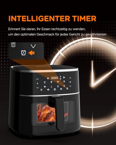 tomons Heißluftfritteuse 6L, Friteuse Heissluft Fritteusen Air Fryer mit Sichtfenster Digitalem LED-Touchscreen, 8 in1 Programmen luftfritteuse, Einstellbare Temperaturregelung – Bild 8