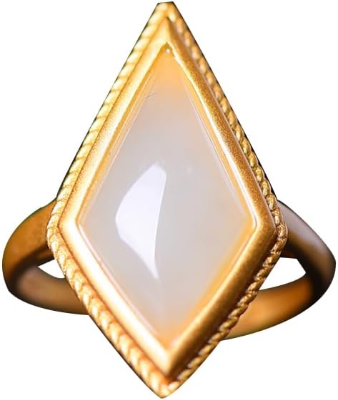 S925 Silver-Inlaid Natural White Jade Rhombus Ring Opening Adjustable Including Certificate