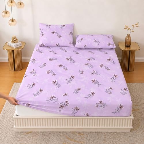Image of King Size Elastic Fitted Bedsheet, 100% Pure Cotton King Size Fitted Bedsheet for Double Bed with 2 Pillow Covers, 240 TC, 72x78 Inches up to 8-inch Mattress, Floral (Velvet Bloom)