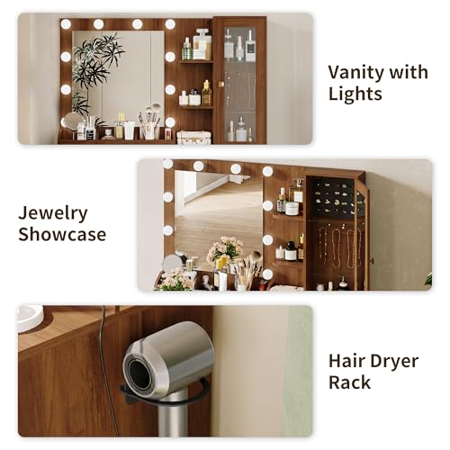Image of Vanity Desk with Mirror and Lights, Walnut Makeup Vanity with 5 Drawers Hidden Jewelry Organizer& LED Glass Cabinet,3 Light Mode and Brightness Adjusted,Vanities Mirror with Lights Desk and Chair