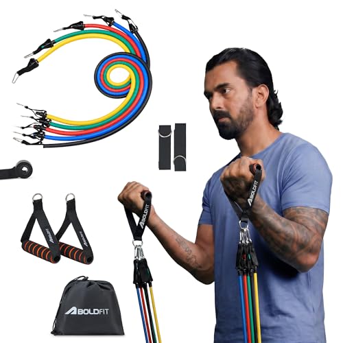 Image of Boldfit Resistance Band Set with Handles, Portable Toning Tubes with Door Anchor & Foam Handles. Resistance Tube Kit with Bag and Ankle Straps Included. (11 Pieces Tube Set), Multicolor, L