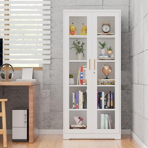 Glass Display Case,Curio Cabinets with Glass Doors,White 71" Metal Glass Display Cabinet with Glass Doors and 4 Adjustable Shelves,Locking Bookcase for Living Room,Bedroom,Pantry,Kitchen,Office - Thumbnail 4