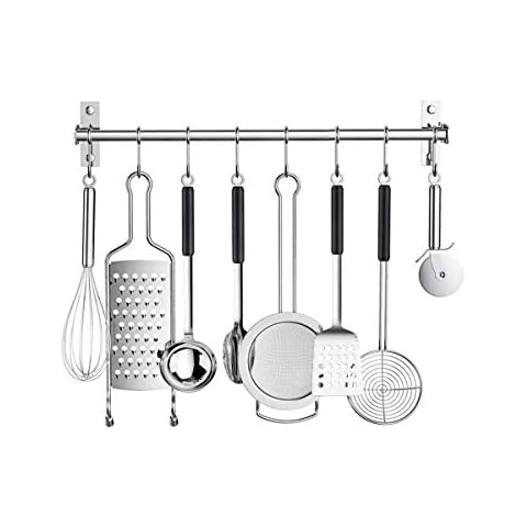 OBELON Wall Mounted Pot Pan Racks 17.5 Inch with 8 Sliding Hooks - Stainless Steel Kitchen Utensils Hanging Rail Bar Cup Hanger Holder, Polished Cover